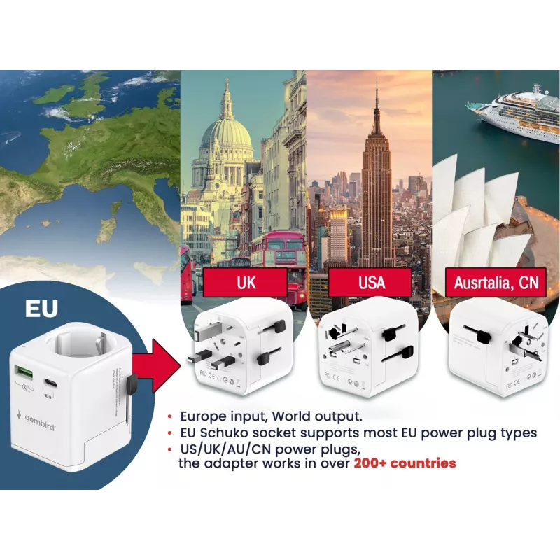 Ceļojuma strāvas adapteris GEMBIRD TPA-EU1A1C20-01-W 20W, USB-A 18W + USB-C 20W, Schuko ligzda, ieeja 100–250 V
