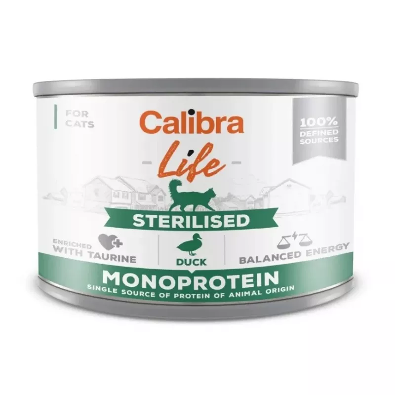 Mitrā kaķu barība Calibra Cat Life Sterilised Duck 200 g — mitrā pastēte sterilizētiem pieaugušiem kaķiem, viena proteīna avota