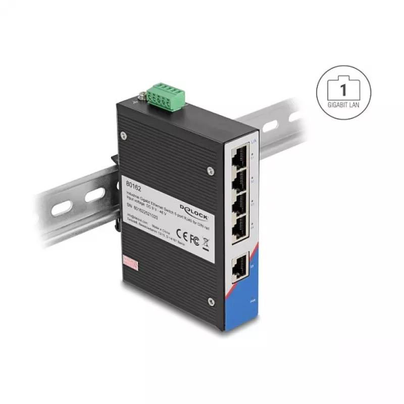 Ethernet slēdzis DELOCK 80162 — 5‑portu Gigabit RJ45 DIN sliedes montāžai