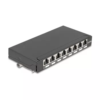 Ielāpu panelis DELOCK Mini Desktop RJ45 8 portu Cat.6A ekranēts melns galda, sienas vai DIN sliedes montāžai