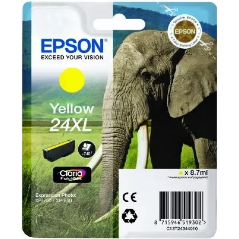 Epson Elephant Singlepack dzeltena 24XL Claria Photo HD tinte, dzeltena, pigmenta tinte, 1 gab.