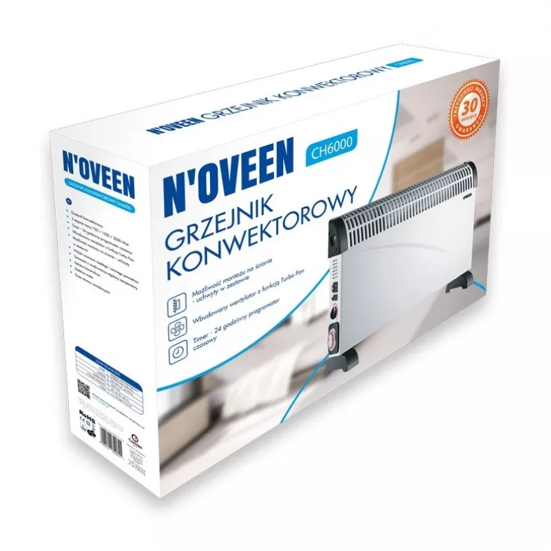 Konvektora elektriskais telpu sildītājs NOVEEN CH-6000 TIMER TURBO FAN 2000W 3 jaudas līmeņi montāža pie sienas/uz grīdas balta