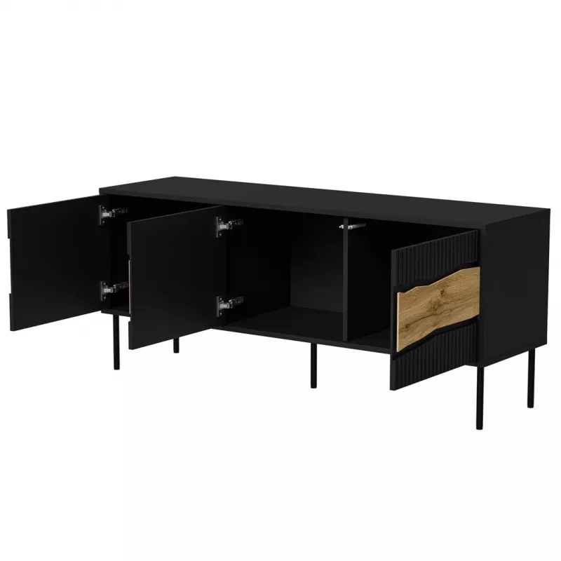 TV skapis cama meble INSERTO 3D 143,5x40x61,5 cm melns ar LED, skaidu plātnes augšdaļa