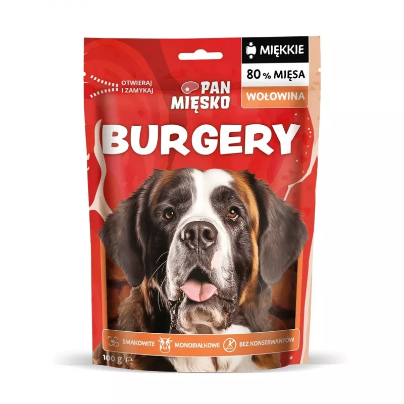 Suņu našķi Pan Mięsko Beef Burgers Adult 100 g — vienas sastāvdaļas hipoalerģisks liellopu gaļas našķis pieaugušiem suņiem
