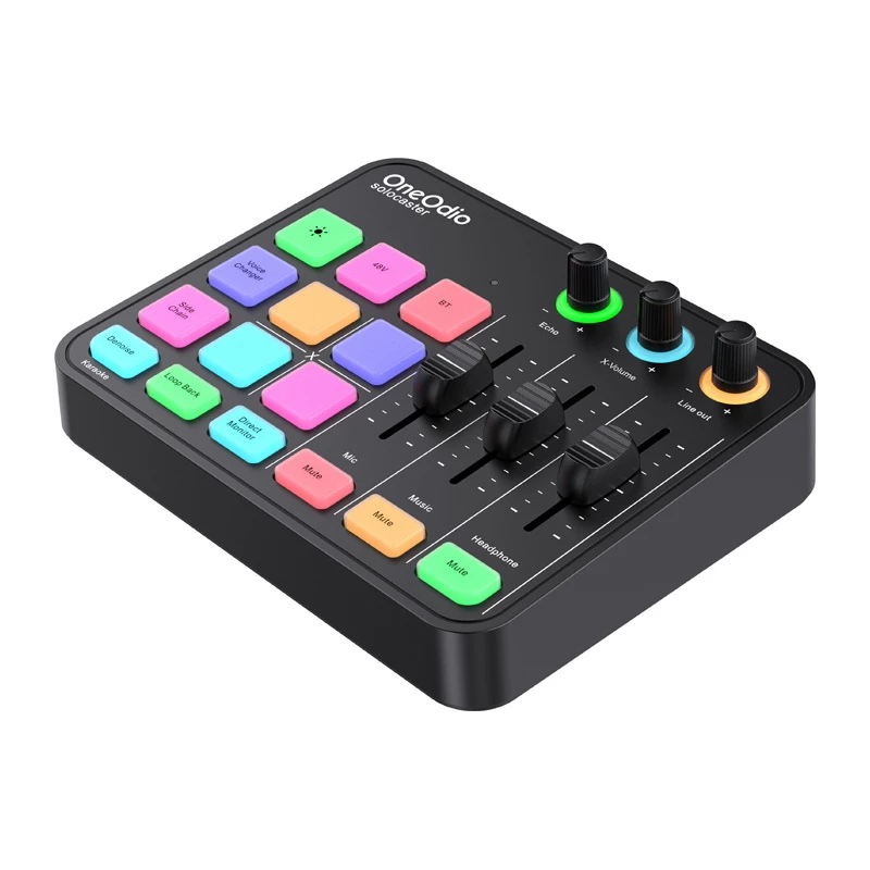 Audio mikseris un USB skaņas karte OneOdio Solocaster — kompakta galddatora saskarne straumēšanai un ierakstīšanai