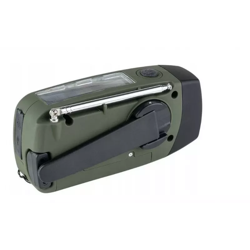 Avārijas radio FOSCO 464600 ar LED lukturīti, ārējo akumulatoru, FM, IPX3, saules/manuālo/USB-C uzlādi — zaļš/melns