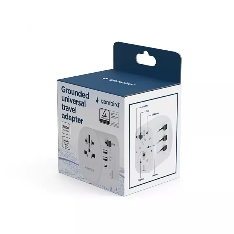 Ceļojumu adapteris GEMBIRD TPA-EU2A1C15-01-W — 15 W, E tipa kontaktdakša, 2× USB-A + 1× USB-C, 100–250 V