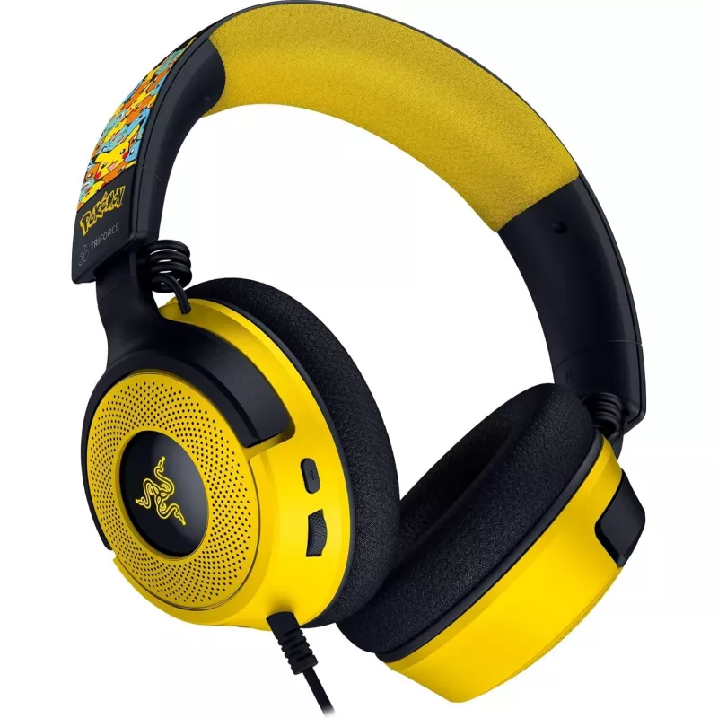 Austiņas Razer Kraken V4 X Pokemon — vadu USB-C/USB-A, supraaurālas, 20–20000 Hz, 1,8 m kabelis, 310 g, melnas/dzeltenas
