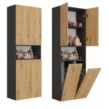 Vannas istabas uzglabāšanas skapis Top e Shop NEL 2K DK ANT/ART KP — Grafīts/Ozols, brīvi stāvošs, 600×300×1740 mm, 3 plaukti