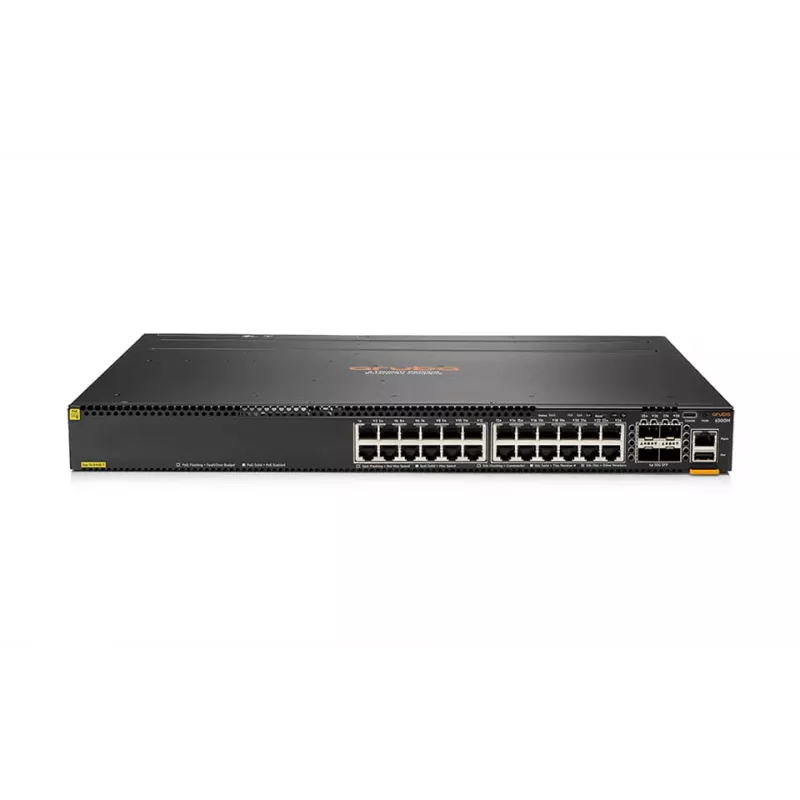 HPE - Aruba 6300M - Slēdzis - L3 - pārvaldīts - 48 x 10/100/1000 (1 PoE+) + 4 x 1 Gigabits / 10 Gigabits / 25 Gigabits / 50 Gigabits SFP56 (Augšupielāde / Sakraušana) Priekšpuse un Sāni uz Aizmuguri