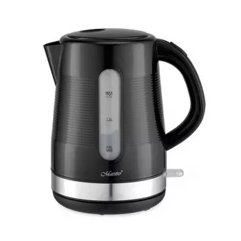 Elektriskā tējkanna Maestro 1,7 L 2200 W melna — plastmasas korpuss, pogas vāks, ergonomisks rokturis