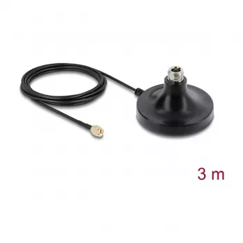 Antenas magnētiskā pamatne DELOCK ULA100 — 1×N ligzda uz 1×RP‑SMA spraudnis, 3 m kabelis, āra lietošanai, melna