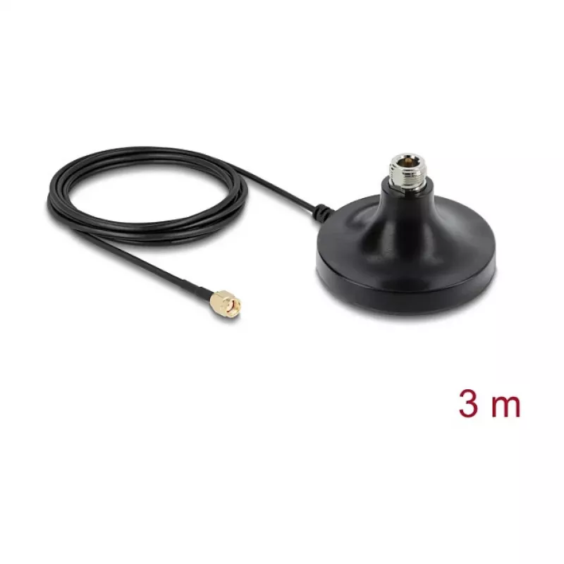 Antenas magnētiskā pamatne DELOCK ULA100 — 1×N ligzda uz 1×RP‑SMA spraudnis, 3 m kabelis, āra lietošanai, melna