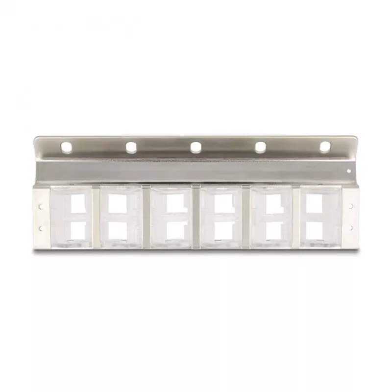 Keystone turētājs 12 portu, noliecams, 10 collu un 19 collu statņu/sienas montāžai, DELOCK 67040, metāls/plastmasa, sudrabains, 77×222×27 mm