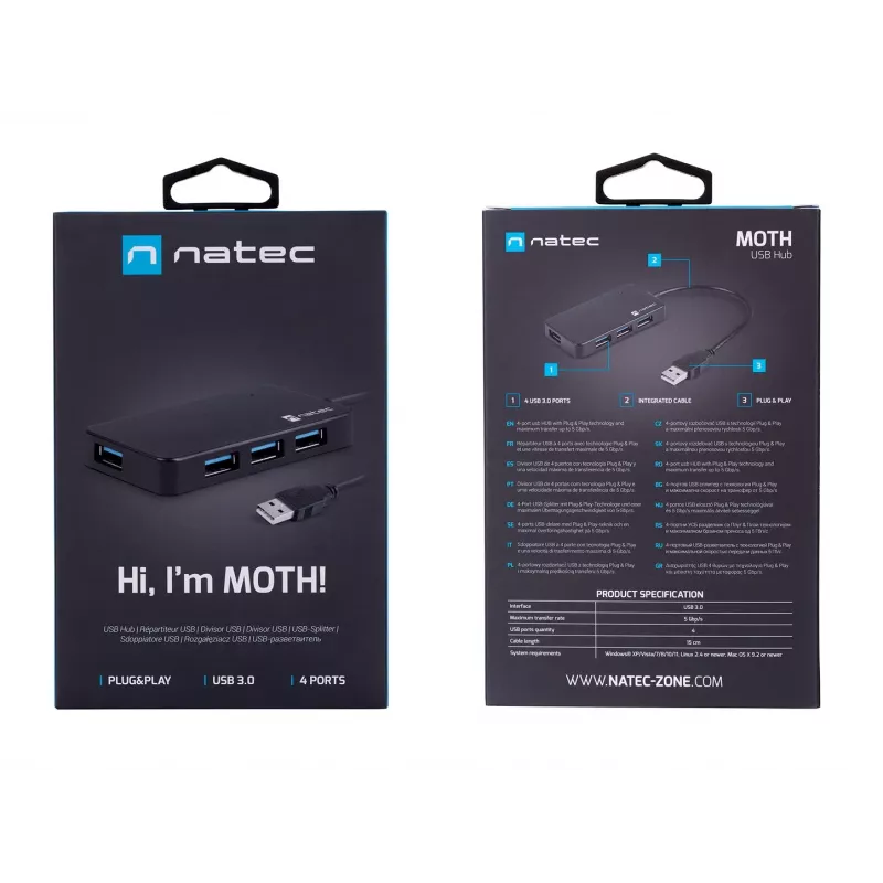 USB centrmezgls NATEC Moth 4 pieslēgvietu USB 3.2 Gen 1 Type-A (5000 Mbit/s), ar USB barošanu, melns, 0,15 m kabelis