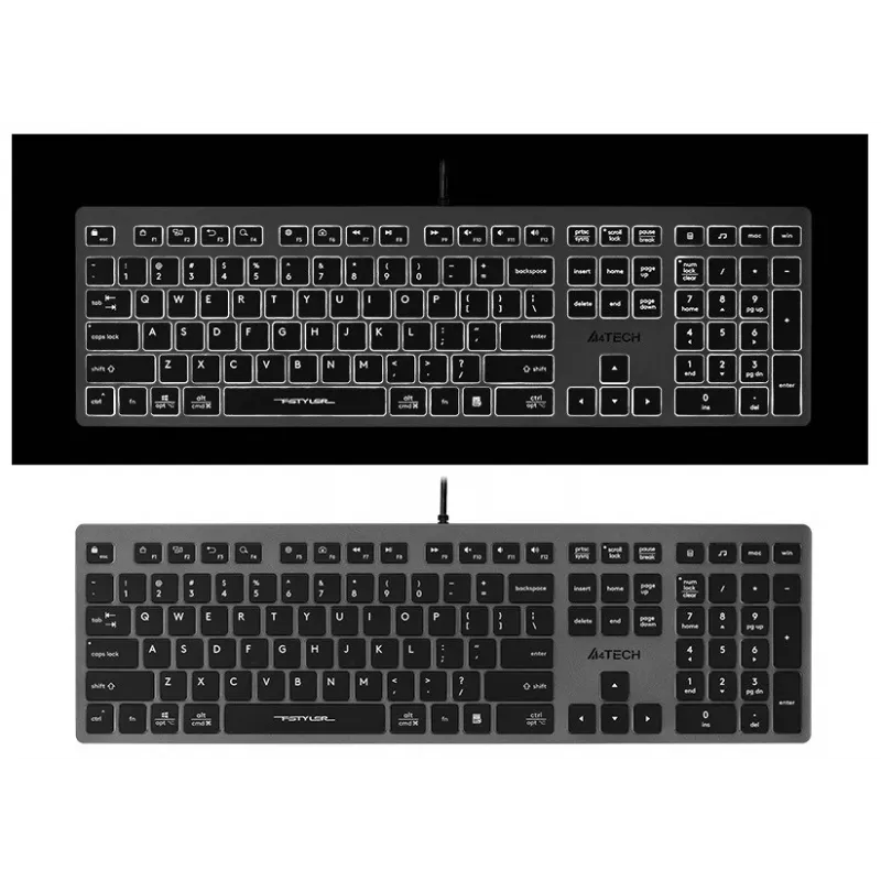 Vadu A4Tech tastatūra FX60H USB QWERTY — pilna izmēra 100%, apgaismota, pelēka, USB centrmezgls
