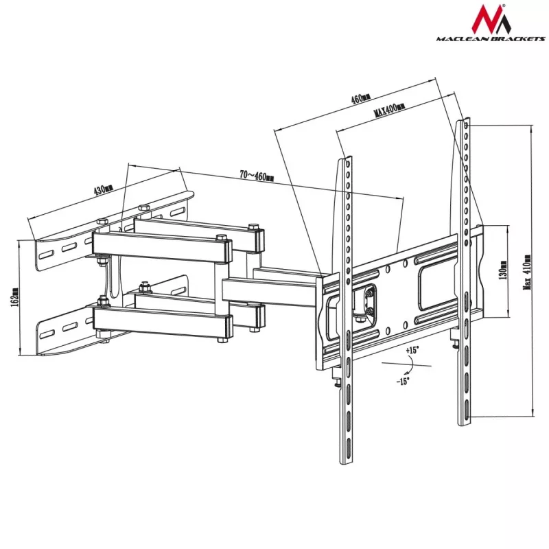 TV sienas stiprinājums MACLEAN MC-760 32–55 collu televizoriem, tērauds, VESA līdz 400x400, 30 kg, melns, 9,6–44,8 cm