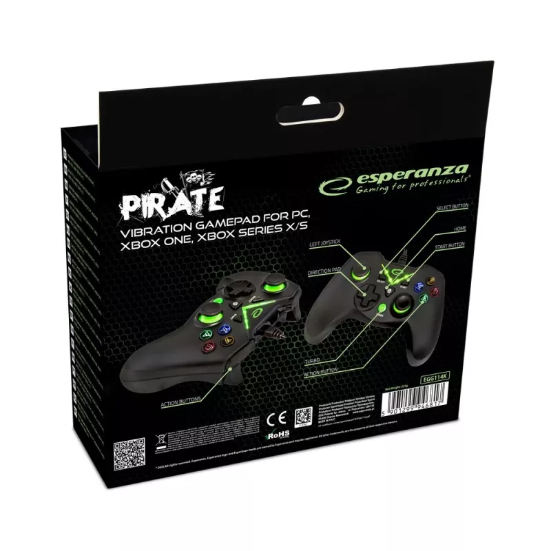 Spēļu kontrolieris Esperanza EGG114K, vadu, USB 2.0, melns — 12 pogas, 2 kursorsviras, vibrācija, priekš PC un Xbox Series X/S/One