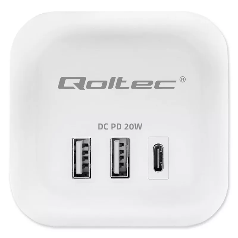 Power Cube QOLTEC 52547 strāvas sadalītājs 3× maiņstrāvas kontaktligzdas, 2× USB-A, 1× USB-C PD 20W