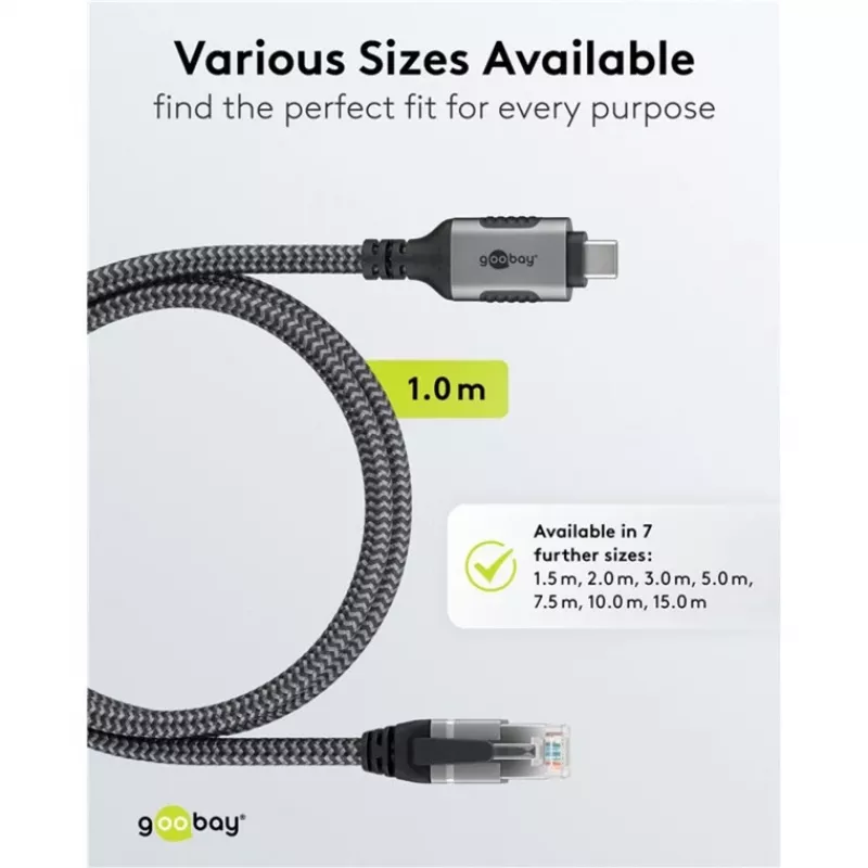Wentronic goobay - Tīkla kabelis - 24 kontaktu USB-C (vīriešu) uz RJ-45 (vīriešu) - 1,0 m - 6 mm - FTP - CAT 6 - USB 3,1 - pīts kabelis - Melns, Sudrabs (70696)