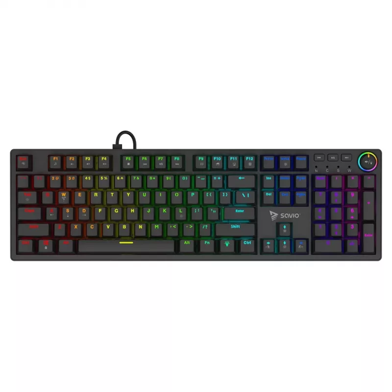 Spēļu klaviatūra SAVIO STYX BROWN — mehāniskā Outemu Brown, QZERTY US International, RGB, USB, pilna izmēra 104 taustiņi, melna