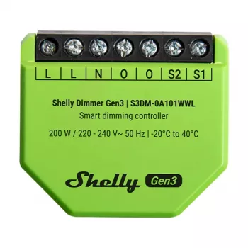 Iebūvēts dimmers Shelly Dimmer Gen3 — LED max 150W, Halogēns max 200W, 220–240V, bezvadu, melns/laima