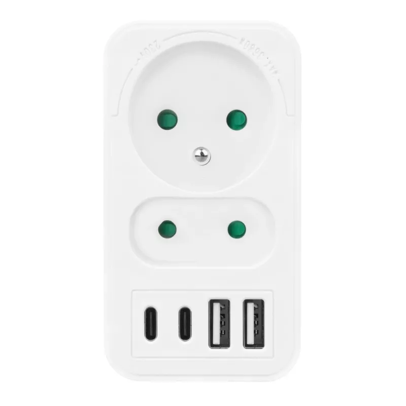 Strāvas sadalītājs MACLEAN MCE249 F/W — 2x elektrotīkla rozetes (16A + 6A) un 4x USB (2x A, 2x C PD 20W)