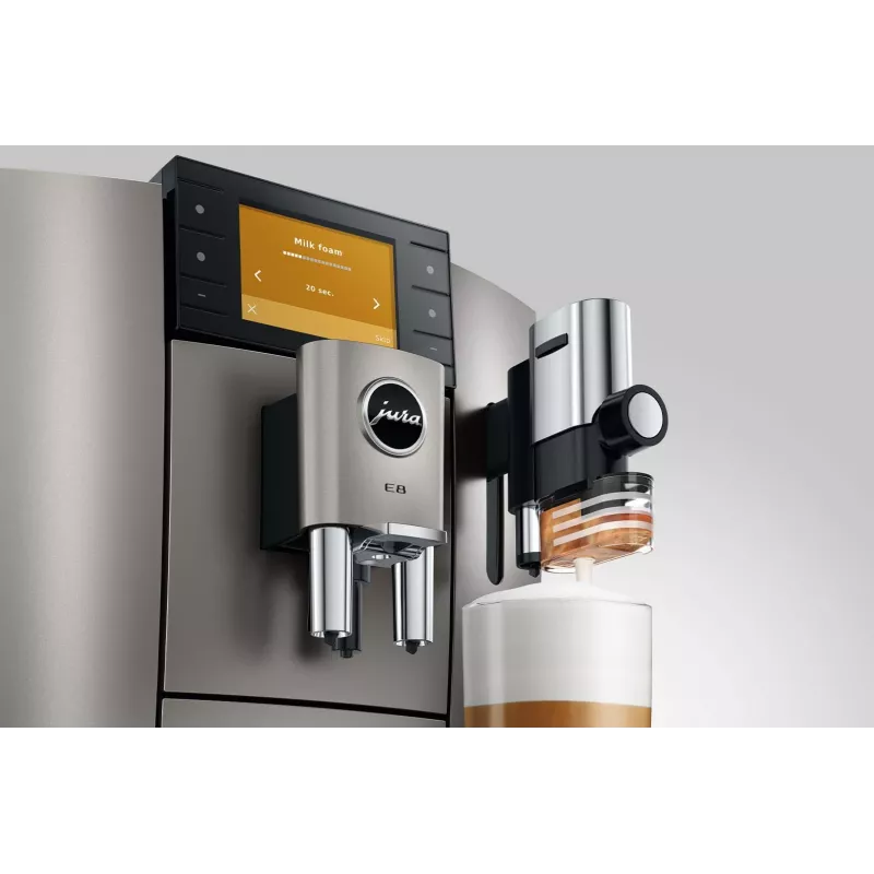 Espresso kafijas automāts JURA E8 Pilnībā automātisks 1,9 L Sudraba — 15 bāri, 3,5 collu displejs, dzirnaviņas, piena putotājs