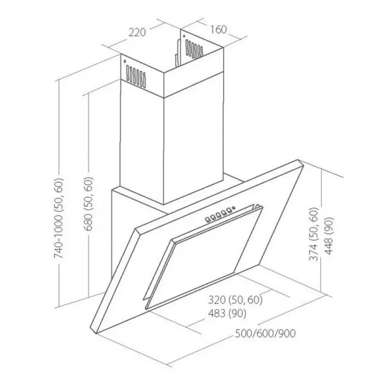 Pie sienas stiprināms tvaika nosūcējs AKPO WK-4 Nero Eco 60 cm, nerūsējošais tērauds un rūdīts stikls, oglekļa filtrs, 420 m³/h, 3 ātrumi