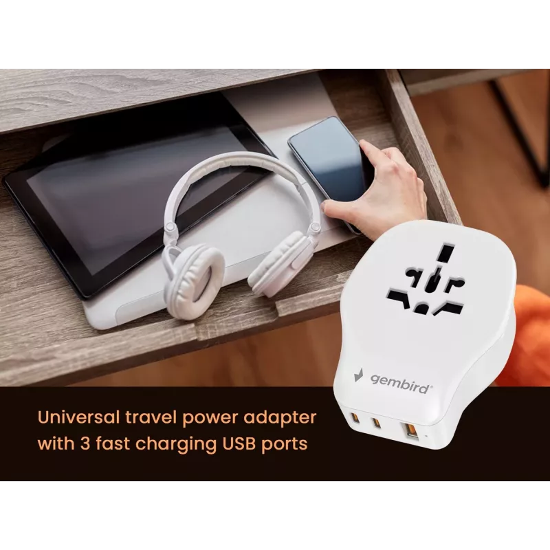 Sienas ceļojumu adapteris GEMBIRD TPA-1A2C20-02-W 20W — 1×USB-A + 2×USB-C, Type G spraudnis, 100–250V, balts