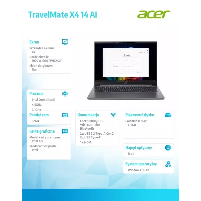 Acer TravelMate P4 TMX414-51-TCO 14 collas WUXGA IPS, Intel iU5, 32 GB RAM, 512 GB SSD, Wi‑Fi 7, Windows 11 Pro, 3 gadu NBD serviss klienta atrašanās vietā