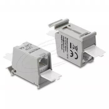 Tīkla RJ45 savienotājs DELOCK Cat.6A dubultā ligzda-ligzdai DIN sliedes montāžai, pelēks