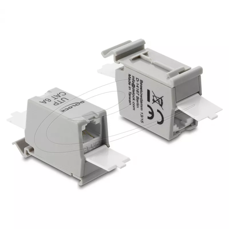 Tīkla RJ45 savienotājs DELOCK Cat.6A dubultā ligzda-ligzdai DIN sliedes montāžai, pelēks