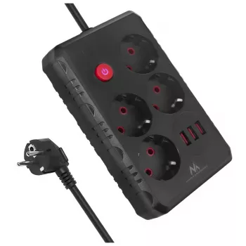 Strāvas sadalītājs MACLEAN MCE392 B — 4 kontaktligzdas, 3×USB, 110–240V, 2,1A, 2500W, 1,5 m kabelis, melns