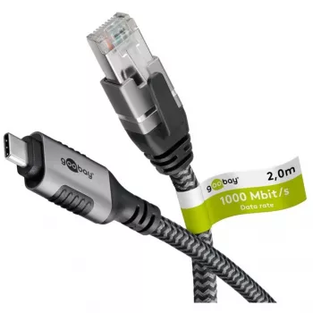 Ethernet kabelis USB-C 3.2 Gen2 spraudnis > RJ-45 spraudnis, LAN adapteris melns/sudrabains, 2 metri, pīts tekstila apvalks