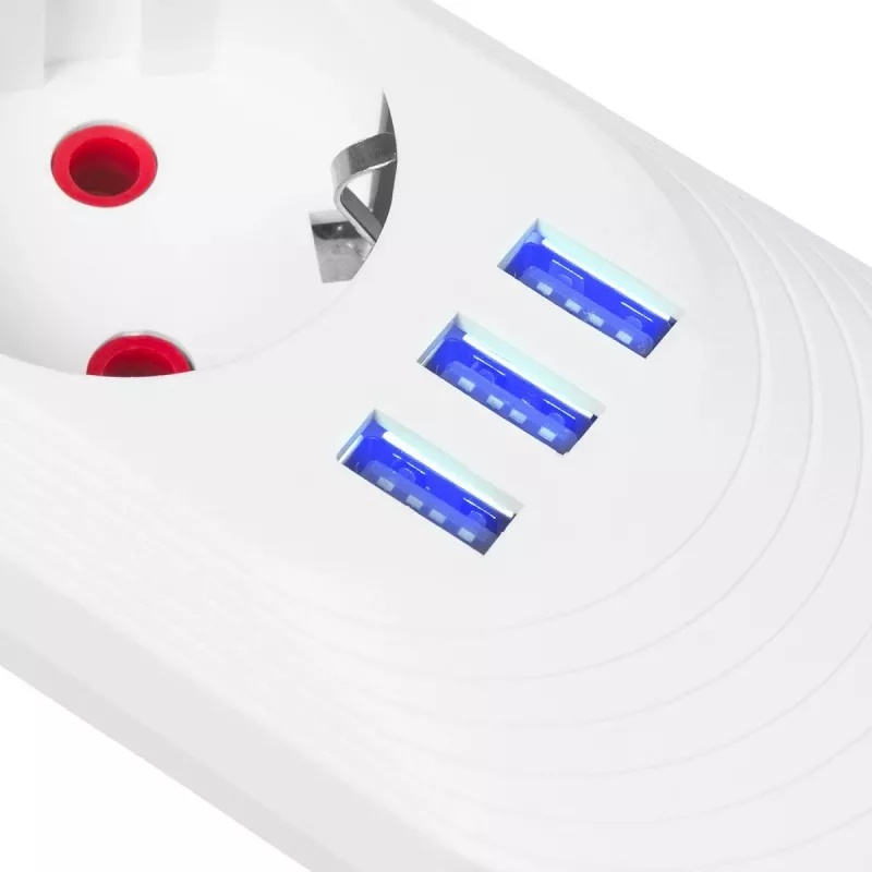 Strāvas sloksne MACLEAN MCE394W — 3 rozetes, 3×USB 2.1A, 110–240V AC, 2500W, 1,5 m kabelis, balta