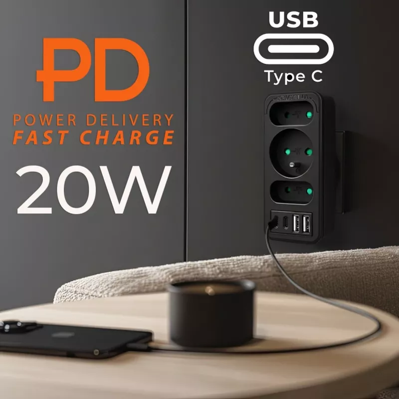 Strāvas sadalītājs MACLEAN MCE248 F/B — 3 maiņstrāvas rozetes (1x16A, 2x6A) un 4 USB porti (2xUSB‑A, 2xUSB‑C PD 20W), ES spraudnis, melns