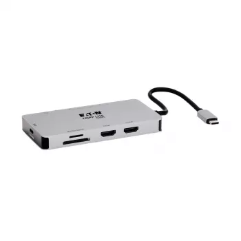 Eaton Tripp Lite USB-C dokstacija, divi displeji - 4K 60 Hz HDMI, USB 3.2 Gen 1, USB-A centrmezgls, GbE, atmiņas karte, 100W PD uzlāde, pelēka - dokstacija - USB-C - 2 x HDMI - 1GbE (U442-DOCK)