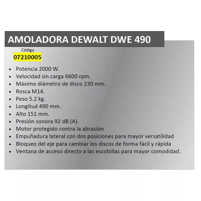 Leņķa slīpmašīna DeWALT DWR490 — 2200 W, 230 mm disks, 6600 apgr./min., 5,2 kg