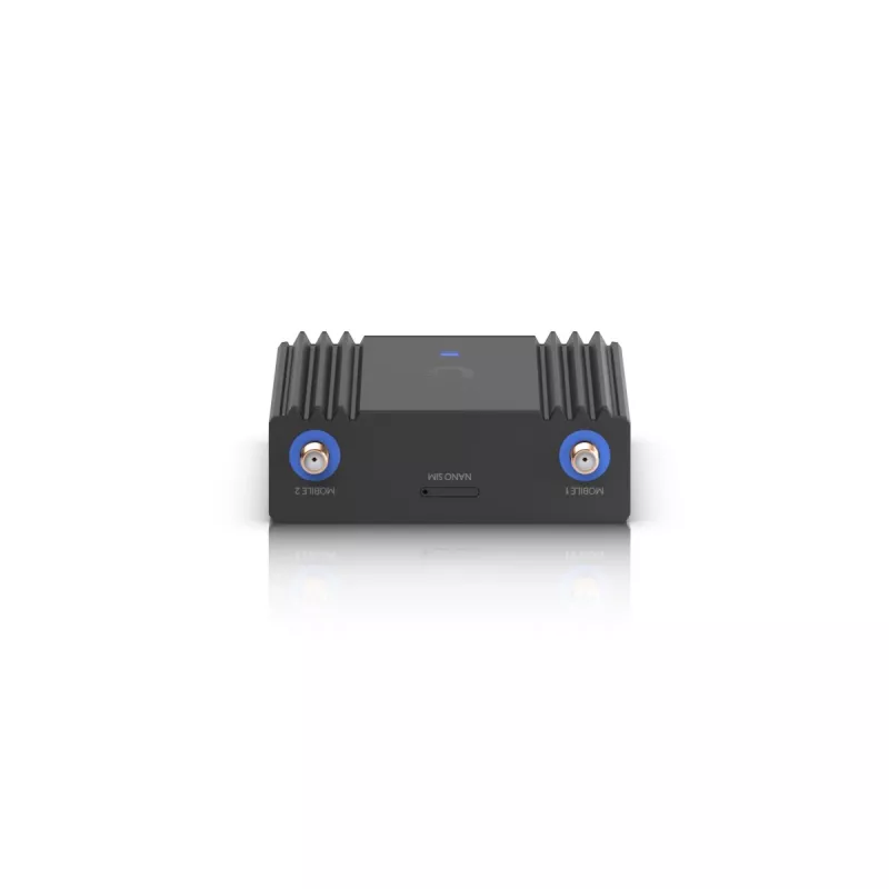 Mobilā tīkla maršrutētājs Ubiquiti UMR-Ultra — 4G LTE, NanoSIM, 2,4 GHz Wi‑Fi (802.11g), 2x RJ‑45, 3 ārējās SMA antenas, 5–30 V līdzstrāva