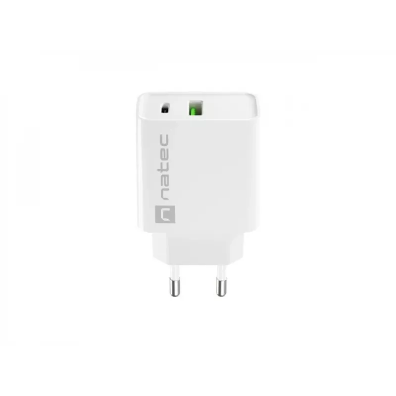 Iekštelpu maiņstrāvas ātrās uzlādes lādētājs NATEC RIBERA 12V 20W USB-C PD 3.0 + USB-A Samsung AFC balts