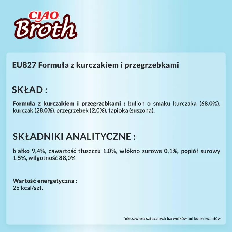 Mitrā kaķu našķa INABA Ciao Broth Chicken & Scallop 40 g paciņa, šķidrs gaļīgs maisiņš, 88% mitrums, 9,4% olbaltumvielas