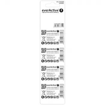 Pogas litija baterija everActive CR3032, 3V, 580 mAh, poga/monēta, 4 gab. iepakojumā