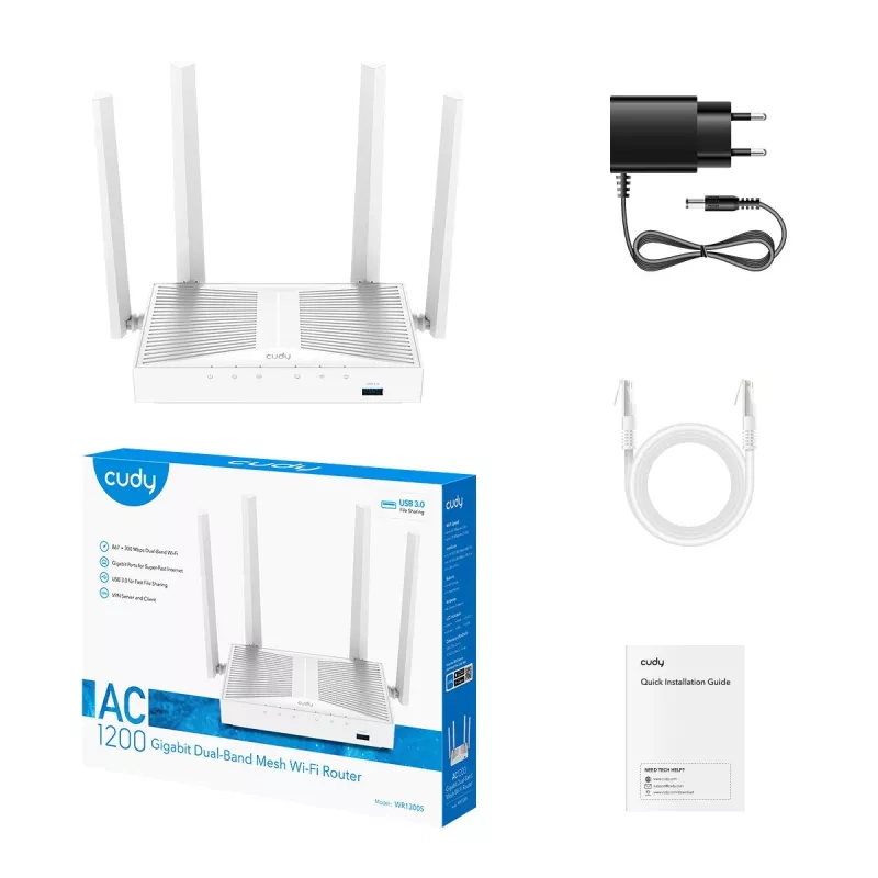 Galda bezvadu maršrutētājs Cudy WR1300S — divjoslu 2,4/5 GHz, Wi‑Fi 5, Gigabit Ethernet, 4 LAN, USB, 4 antenas