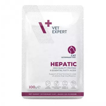 Mitrā kaķu barība VETEXPERT Hepatic Chicken 100 g — veterinārā diēta aknu atbalstam, pieaugušiem kaķiem, mitrums 79%, olbaltumvielas 8%