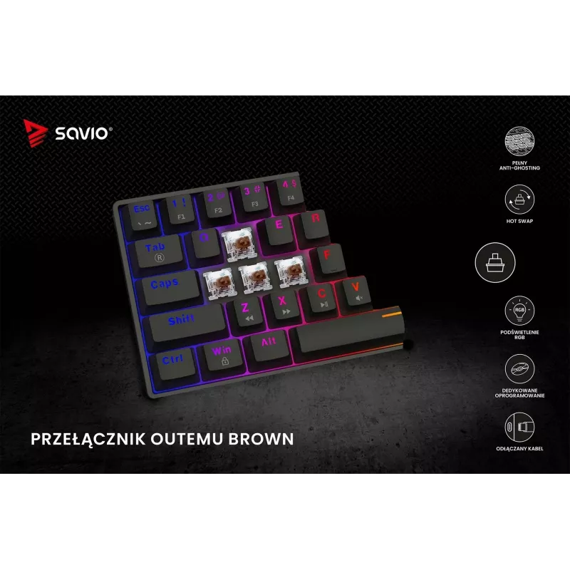 Mehāniskā spēļu tastatūra SAVIO MelnsOUT X2 BROWN 61 taustiņi 60% USB QWERTY RGB Outemu Brown