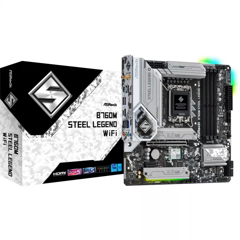 Mātesplate ASRock B760M Steel Legend WiFi — Intel B760, LGA 1700, micro ATX, DDR5, 4 DIMM, 128GB, Wi‑Fi 6E, 2.5Gb LAN