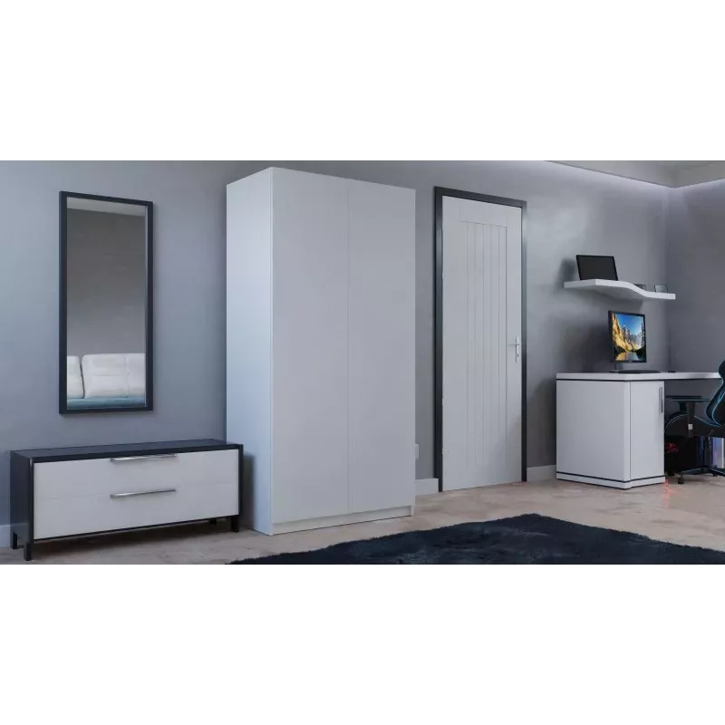 Garderobe top e shop SD-90 BI, 2 durvju guļamistabas skapis, balts rāmis, 7 plaukti