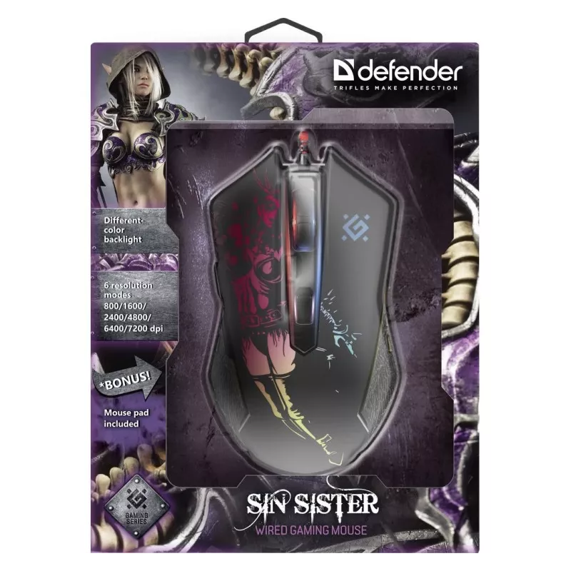 Spēļu, optiskā, vadu pele DEFENDER GM-933 SIN'SISTER 7200dpi 6P RGB