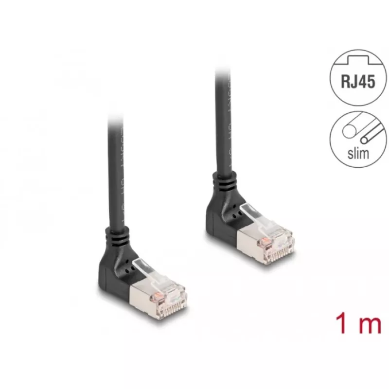 Tīkla kabelis DeLOCK RJ45 Cat.6A S/FTP plāns 90° augšupvērsts 1m Melns